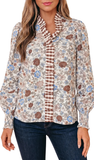 Floral w/ Plaid Trim Long Sleeve Blouse