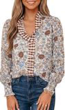 Floral w/ Plaid Trim Long Sleeve Blouse