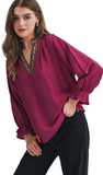 Blouse with Leopard Trim V Neck