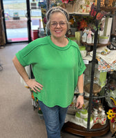 Zenana Corded Cuffed Sleeve Top In Candy Green