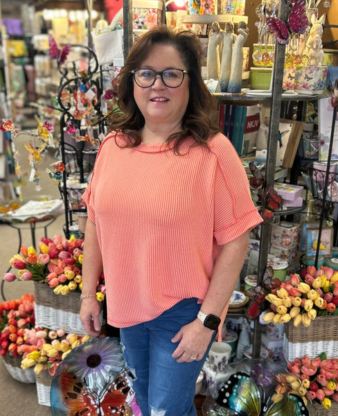 Zenana Corded Cuffed Sleeve Top In Coral