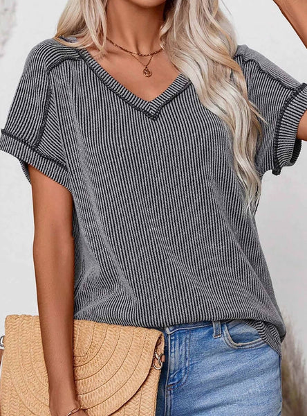 Ribbed V-Neck Top, Assorted Colors