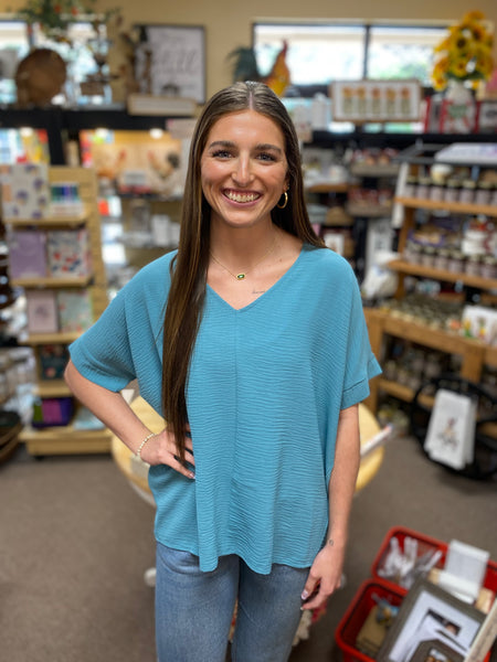 Oversized V-Neck Top In Dusty Teal