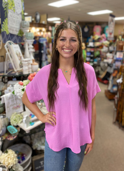 Woven Split Neck Top In Mauve