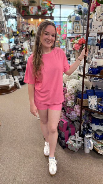 Waffle Tee & Drawstring Shorts Set in Pink
