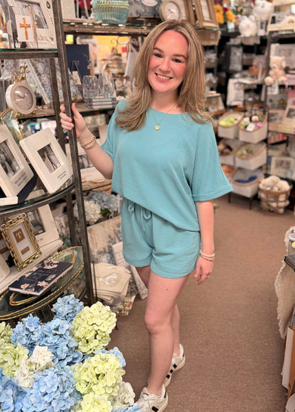 Zenana Drawstring Shorts Set in Dusty Teal