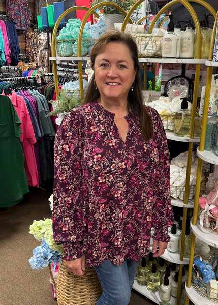 Dear Scarlett "Liz" Smocked Long Sleeve Top In Wine Multi