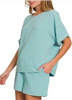 Zenana Drawstring Shorts Set in Dusty Teal