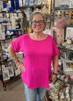 Basic Cuffed Sleeve Top In Hot Pink