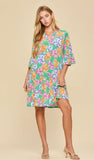 Dear Scarlett Floral Print Shirred Tiered 3/4 Sleeve Dress In Aqua