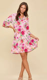 Dear Scarlett Floral Print Shirred Tiered 3/4 Sleeve Dress In Blush
