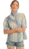 JODIFL Ruffle Detail Crinkle Floral Top In Blue