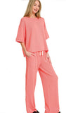 ZENANA Raised Rib Short Sleeve Tee & Pants Sets, Assorted colors