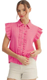 JODIFL Ruffle Detail Button Down Crinkled Solid Top