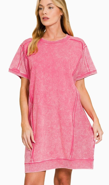 pink acid wash dress Halterneck Strappy Detail Pleated Mini Dress In Pink Acid Wash | EGO US