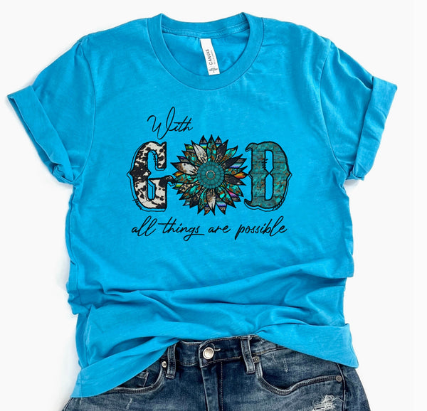 “With God” T-Shirt In Heather Aqua