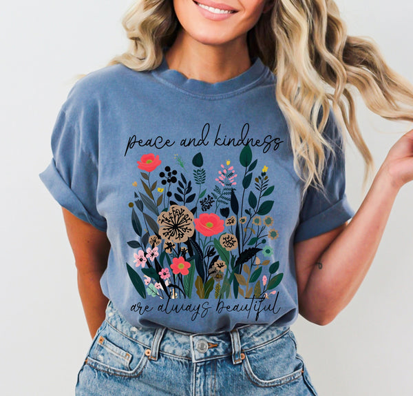 Scripted Pearl “Peace and Kindness” Comfort Color T-Shirt In Blue Jean