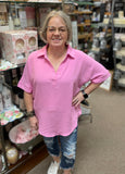 Zenana Woven Collared Top in Candy Pink