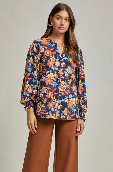 Dear Scarlett "Liz" Smocked Long Sleeve Top In Navy