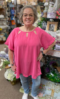 Umgee Linen Frayed Top In Hot Pink With Cutouts