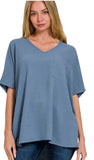 Zenana Oversized V-Neck Pocket Top, Assorted Colors