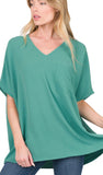 Zenana Oversized V-Neck Pocket Top, Assorted Colors