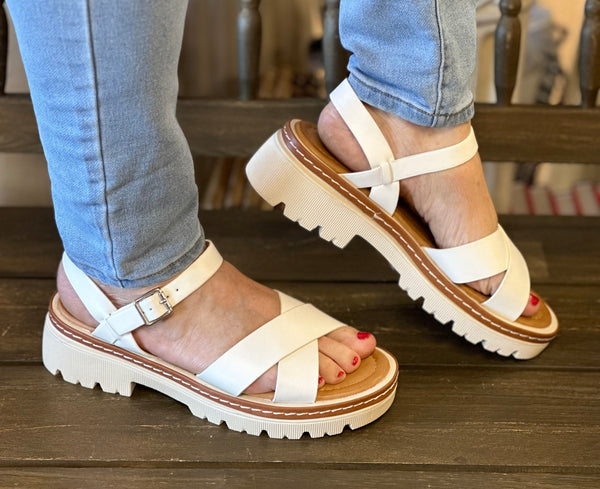 Forever “Balance” Lug Sole Crisscross Ankle Strap Sandals In White