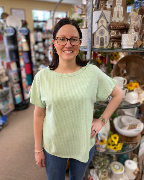 Boat Neck Waffle Top In Sage