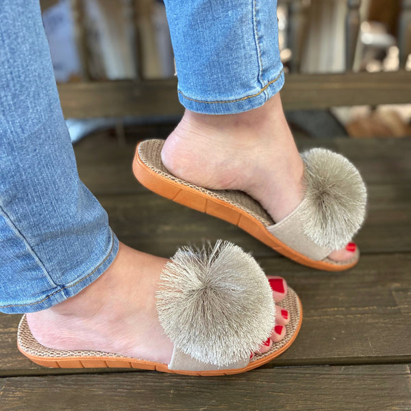 La-a Sole Pom Pom Slides in Silver