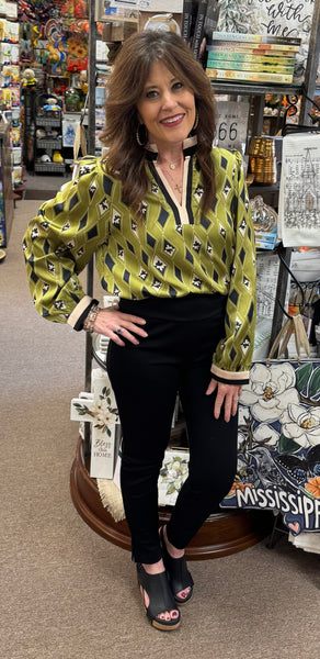 JODIFL Ruffled Neck Patterned Top