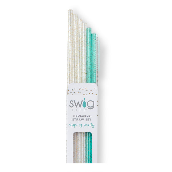 Swig Reusable Straw Set  In Glitter Clear & Aqua