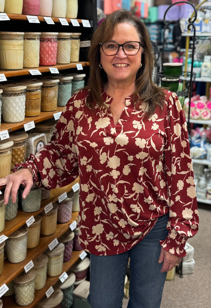 Dear Scarlett "Liz" Smocked Long Sleeve Top In Wine