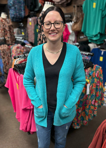 Zenana Melange Pocket Cardigan In Turquoise