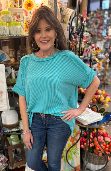 Zenana Corded Cuffed Sleeve Top In Turquoise