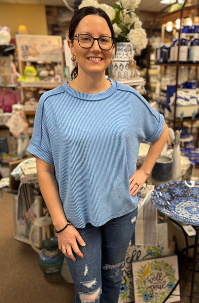 Zenana Corded Cuffed Sleeve Top In Sky Blue