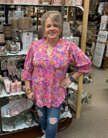 Dear Scarlett "Liz" Smocked Sleeve Top In Pink Paisley