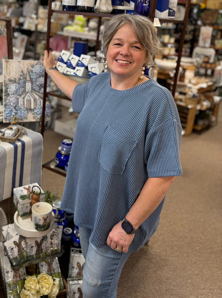 Zenana Ribbed Front Pocket Top In Dusty Blue