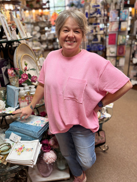 Zenana Ribbed Front Pocket Top In Pastel Pink