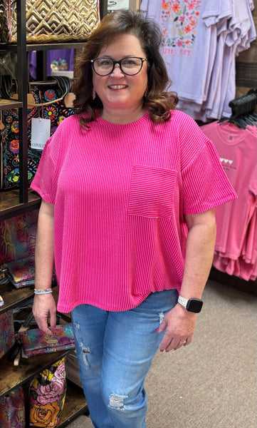 Zenana Ribbed Front Pocket Top In Neon Hot Pink