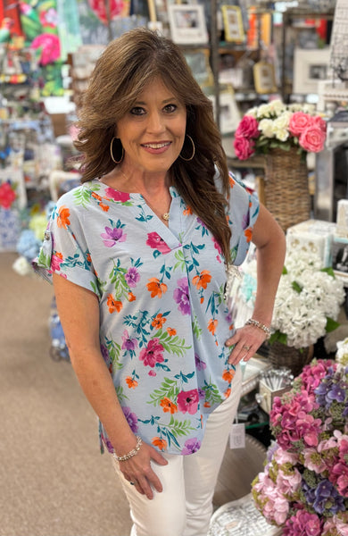 Dear Scarlett "Liz" Short Sleeve Top In Blue Floral
