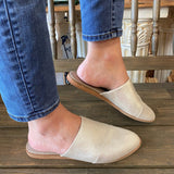 TOMS “Jade” Mule In Champagne Metallic Suede