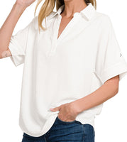 Zenana Woven Collared Top in White