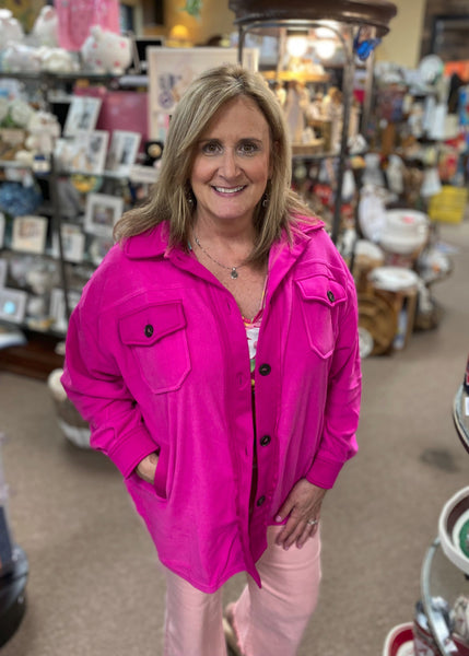 Zenana Oversized Basic Fleece Shacket In Neon Hot Pink