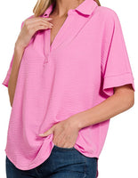 Zenana Woven Collared Top in Candy Pink
