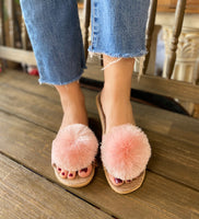 La-a Sole Pom Pom Slides in Pink Shimmer