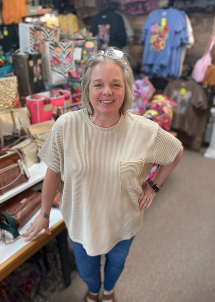 Zenana Ribbed Front Pocket Top In Sand