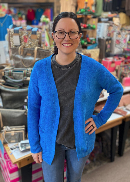 Zenana Melange Pocket Cardigan In Ocean Blue