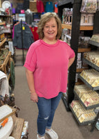 Zenana Corded Cuffed Sleeve Top In Fuchsia