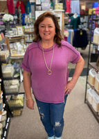 Zenana Corded Cuffed Sleeve Top In Light Plum