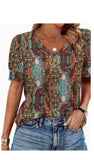 Lovesoft Women’s V-Neck Puff Sleeve w/ Button Detail Top, Broken Flower